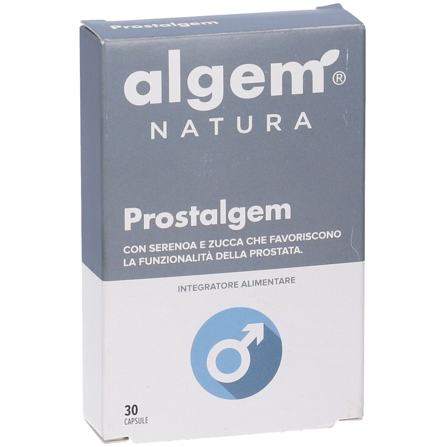 Confezione del prodotto Prostalgem. Contiene informazioni sugli ingredienti e sui valori nutrizionali.