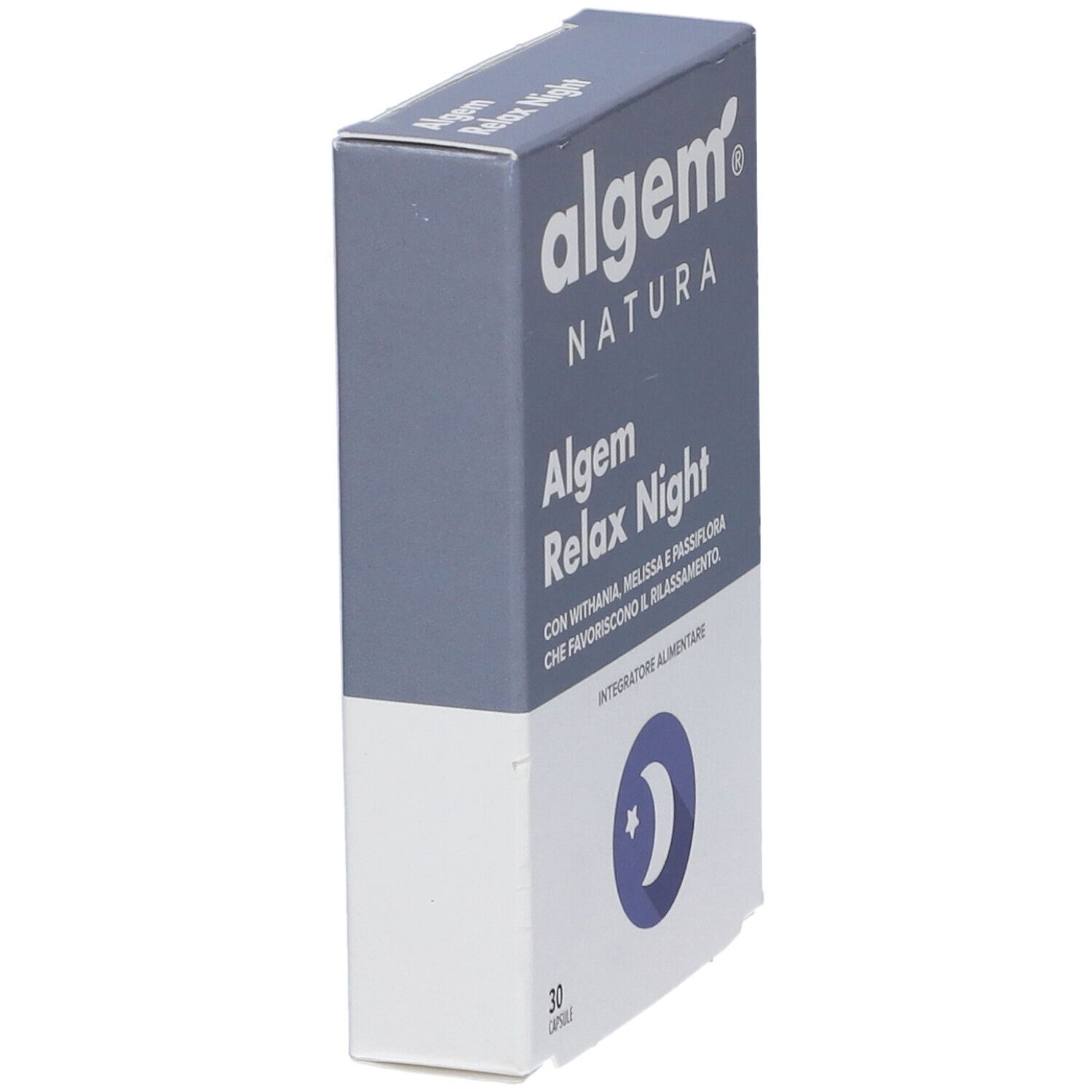 Scatola Algem Natura Algem Relax Night. Vista laterale. Nome e logo del prodotto. 30 capsule.