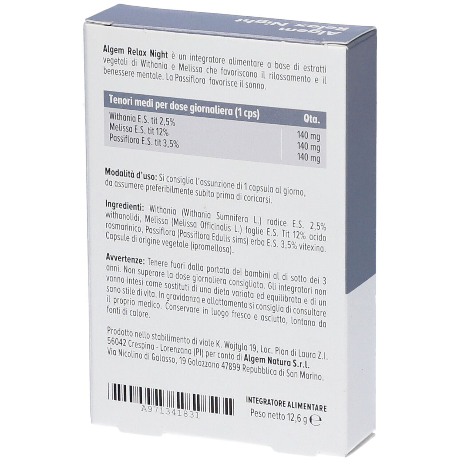 Retro scatola Algem Relax Night. Ingredienti, dosaggio, avvertenze. Peso 12,6 g.