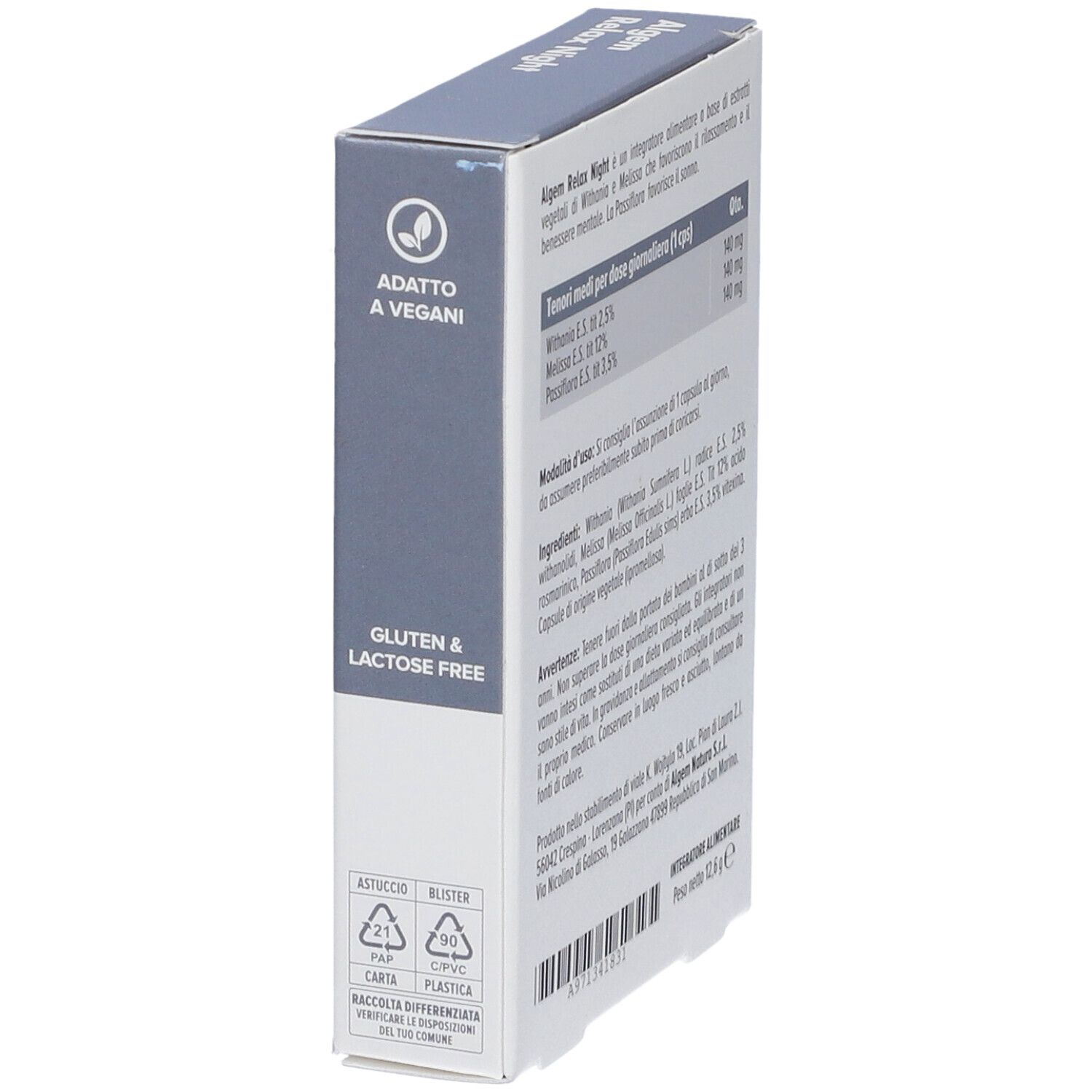 Scatola Algem Relax Night. Simbolo vegano. Senza glutine e lattosio. Retro con ingredienti.