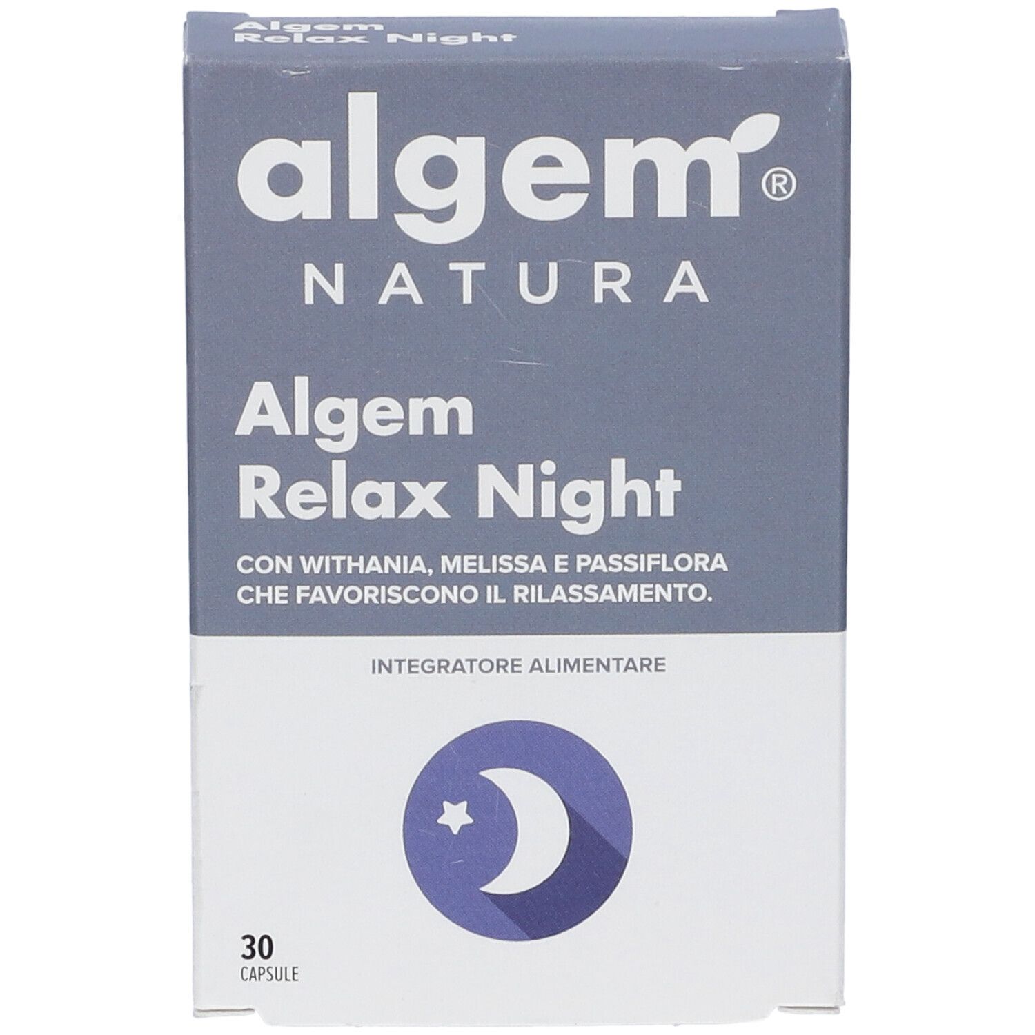 Scatola Algem Natura Algem Relax Night. Nome prodotto, logo, 30 capsule. Simbolo luna e stella.