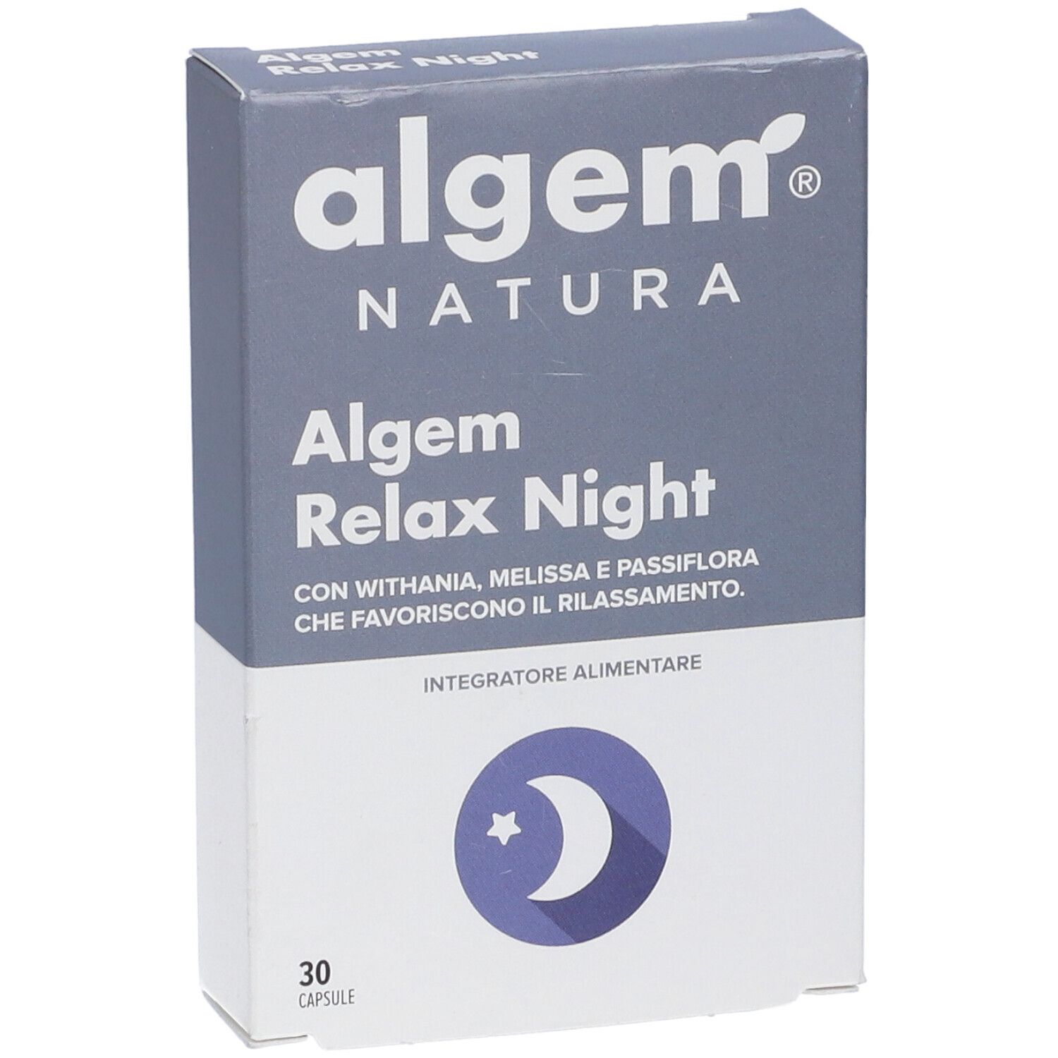 Scatola Algem Natura Algem Relax Night. Nome prodotto, logo, 30 capsule. Simbolo luna e stella.
