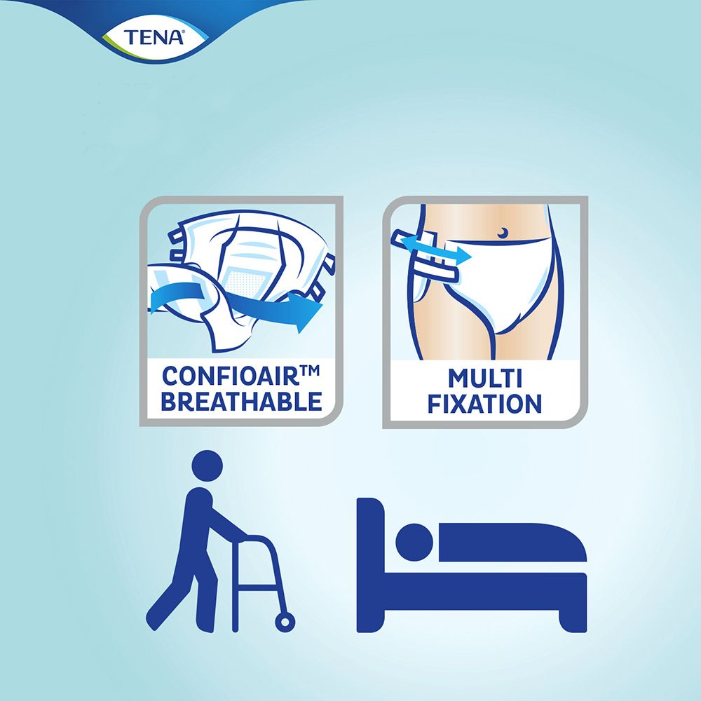 Icone su sfondo blu. ConfoAir, multi-fissaggio, persona con deambulatore, persona a letto. Logo TENA.