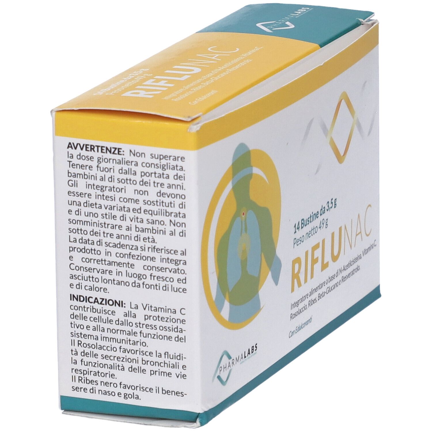 Scatola Riflunac, vista laterale. Testo in italiano, inclusi avvertenze e ingredienti. Logo PharmaLabs.