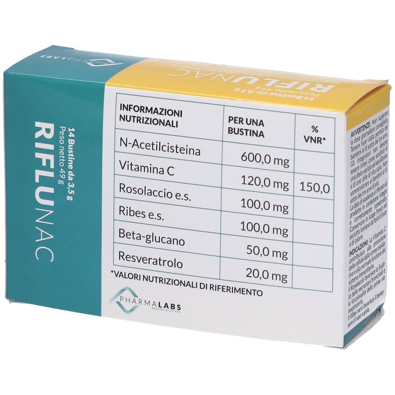 Scatola Riflunac, dettaglio tabella nutrizionale. Contiene informazioni sugli ingredienti come N-Acetilcisteina e Vitamina C.