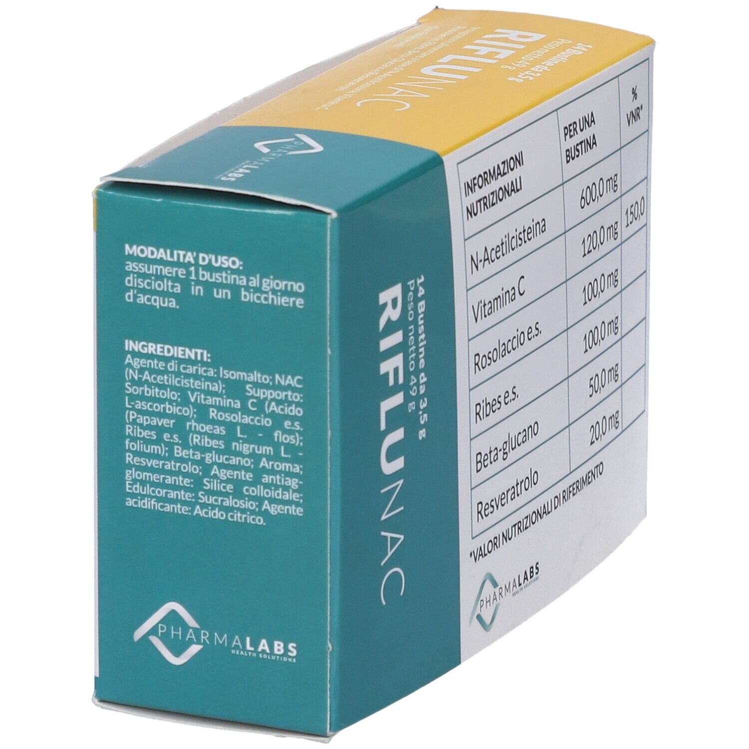 Scatola Riflunac, dettaglio con ingredienti e modalità d'uso. Contiene informazioni in italiano.