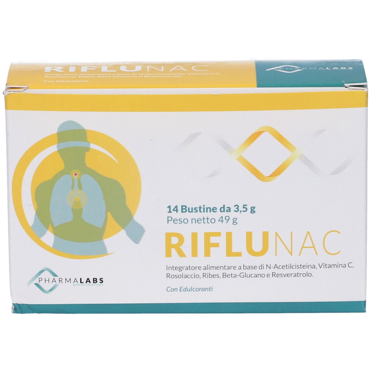 Scatola Riflunac, vista frontale. Design giallo e bianco con logo e illustrazione polmonare. Testo in italiano.