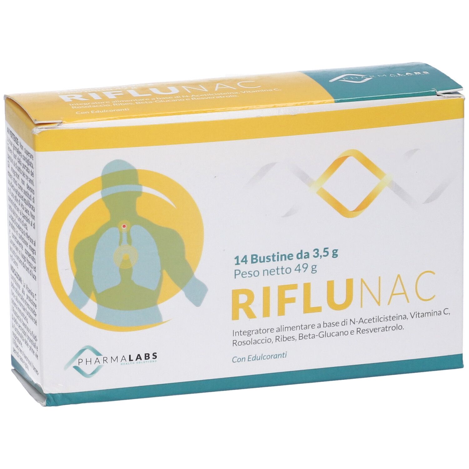 Scatola Riflunac, leggermente angolata. Design giallo e bianco con logo e illustrazione polmonare. Testo in italiano.