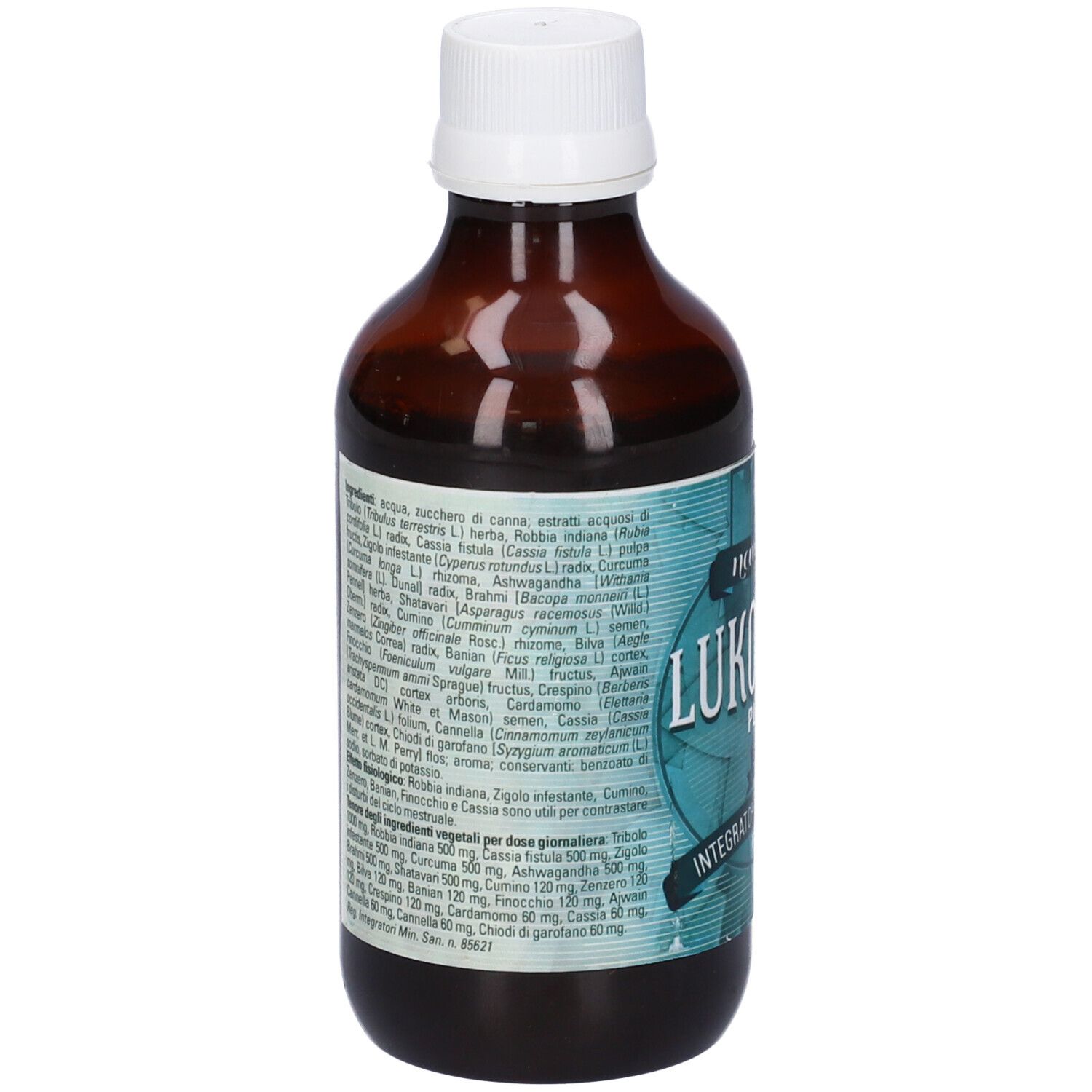 Bottiglia marrone con tappo bianco. Etichetta con ingredienti e testo. Design turchese.