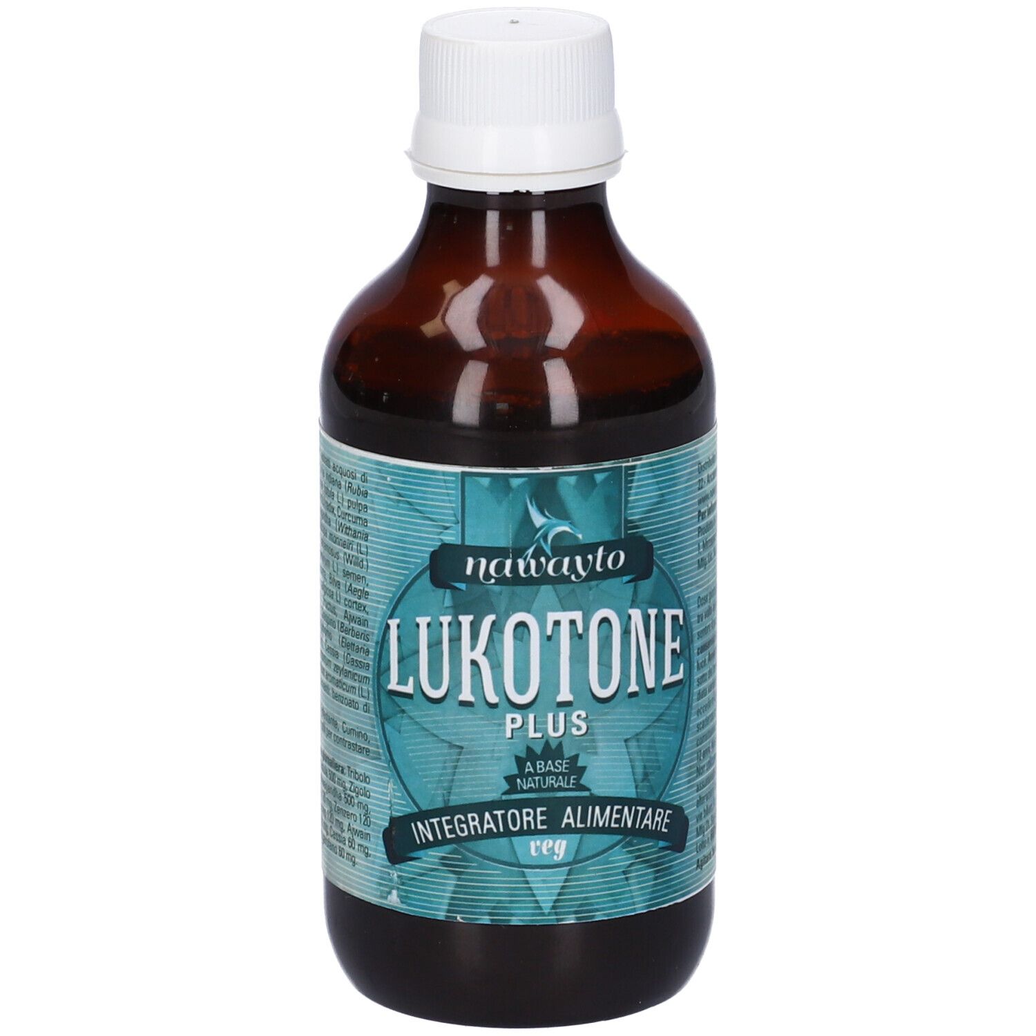 Bottiglia marrone con tappo bianco. Scritta: Lukotone Plus, Integratore Alimentare. Etichetta turchese.