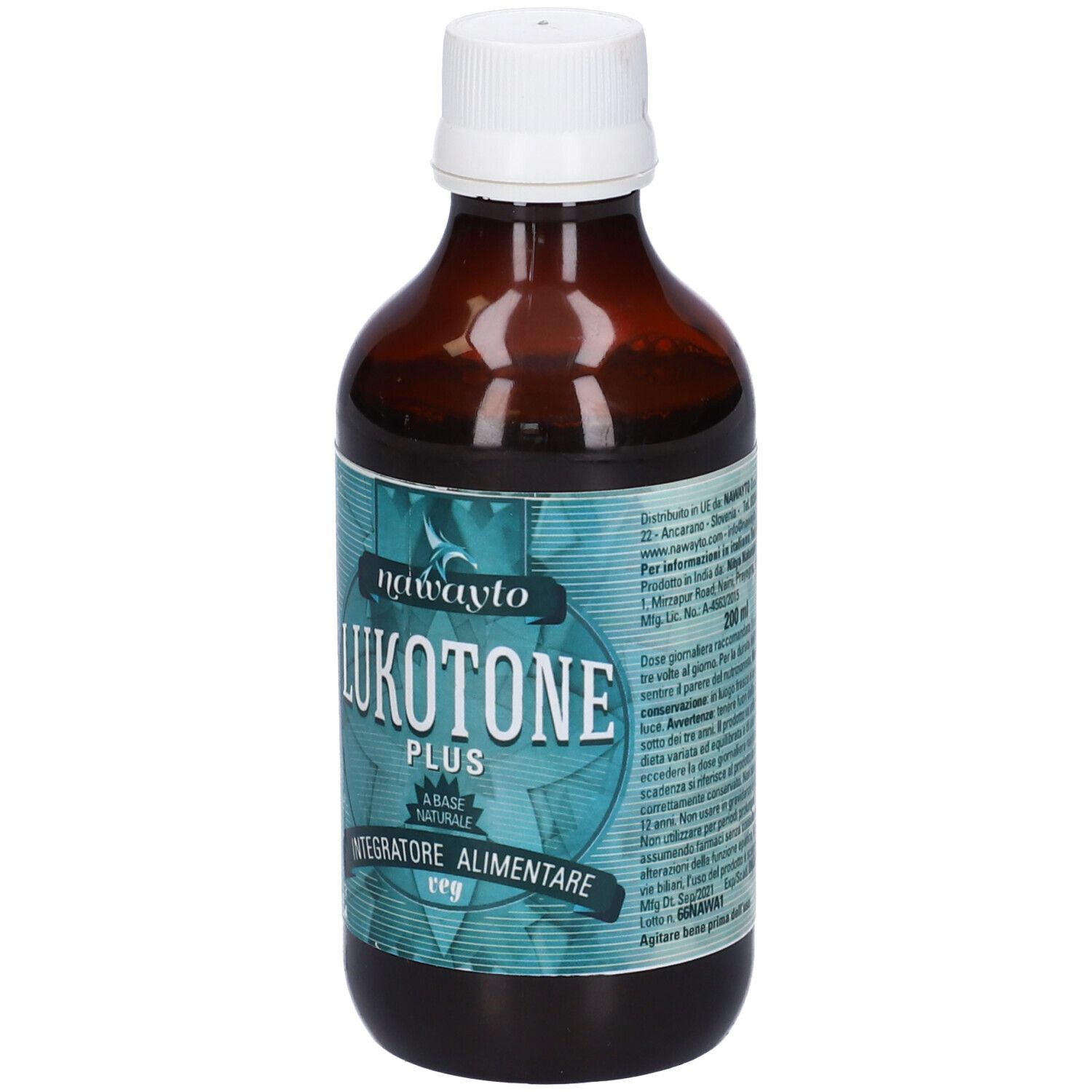 Bottiglia marrone con tappo bianco. Scritta: Lukotone Plus, Integratore Alimentare. Etichetta turchese.