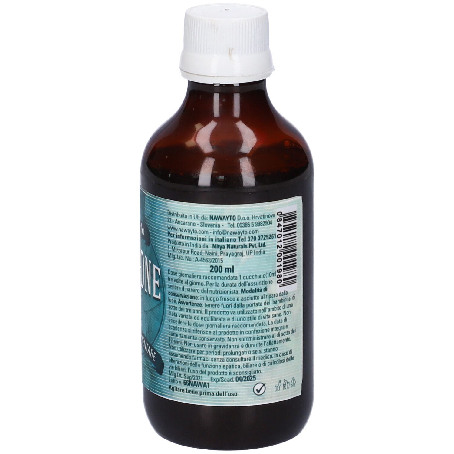 Bottiglia marrone con tappo bianco. Etichetta con testo e informazioni. Design turchese. 200 ml.