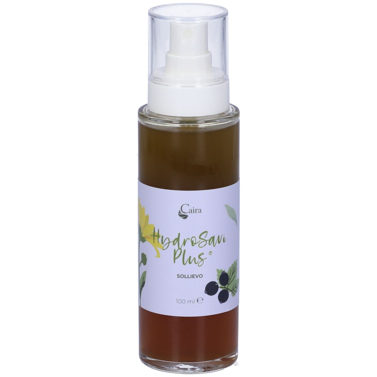 Liquido marrone in flacone spray. Etichetta con testo: HydroSavi Plus, Caira, 100ml.