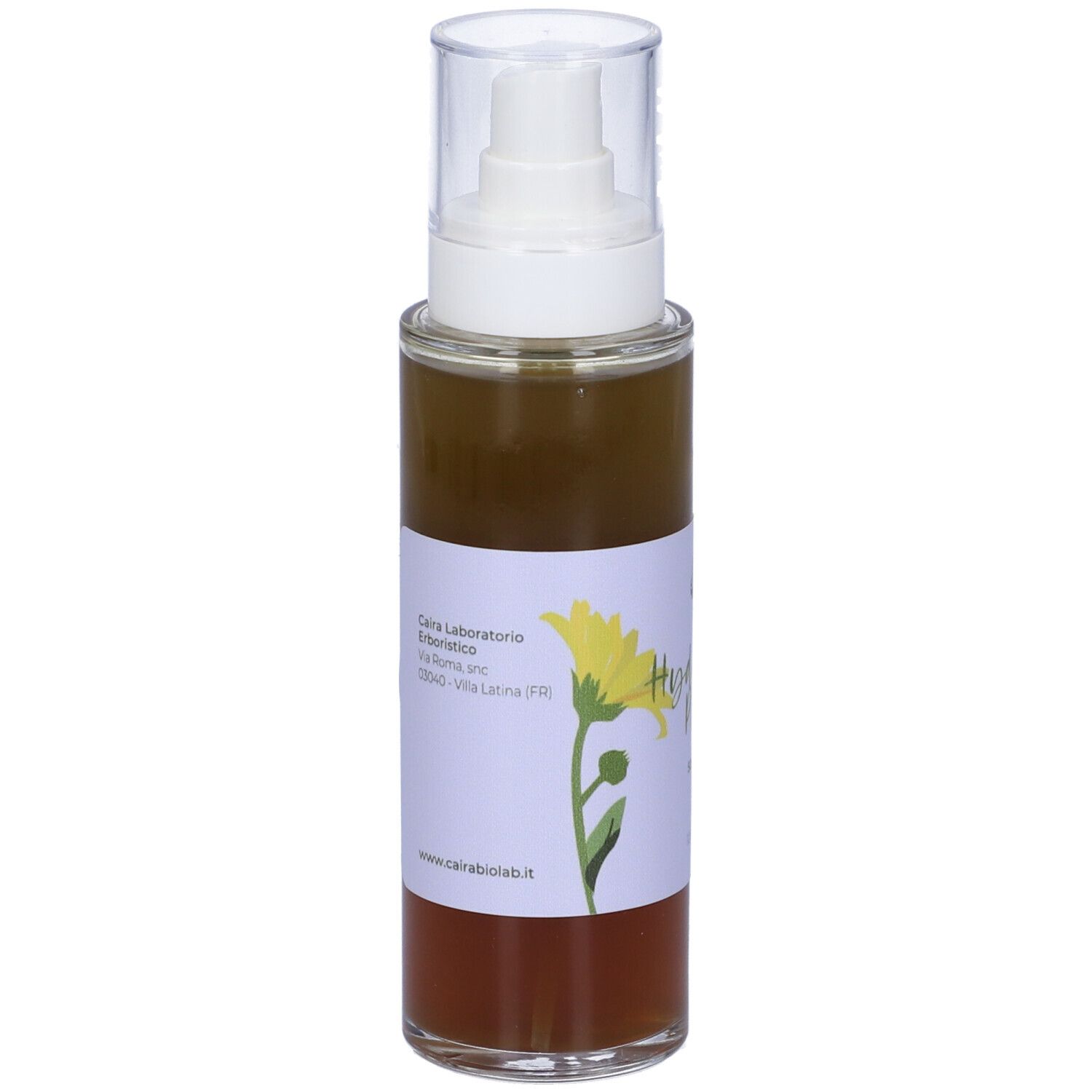 Liquido marrone in flacone spray. Etichetta con testo e indirizzo di Caira Laboratorio.