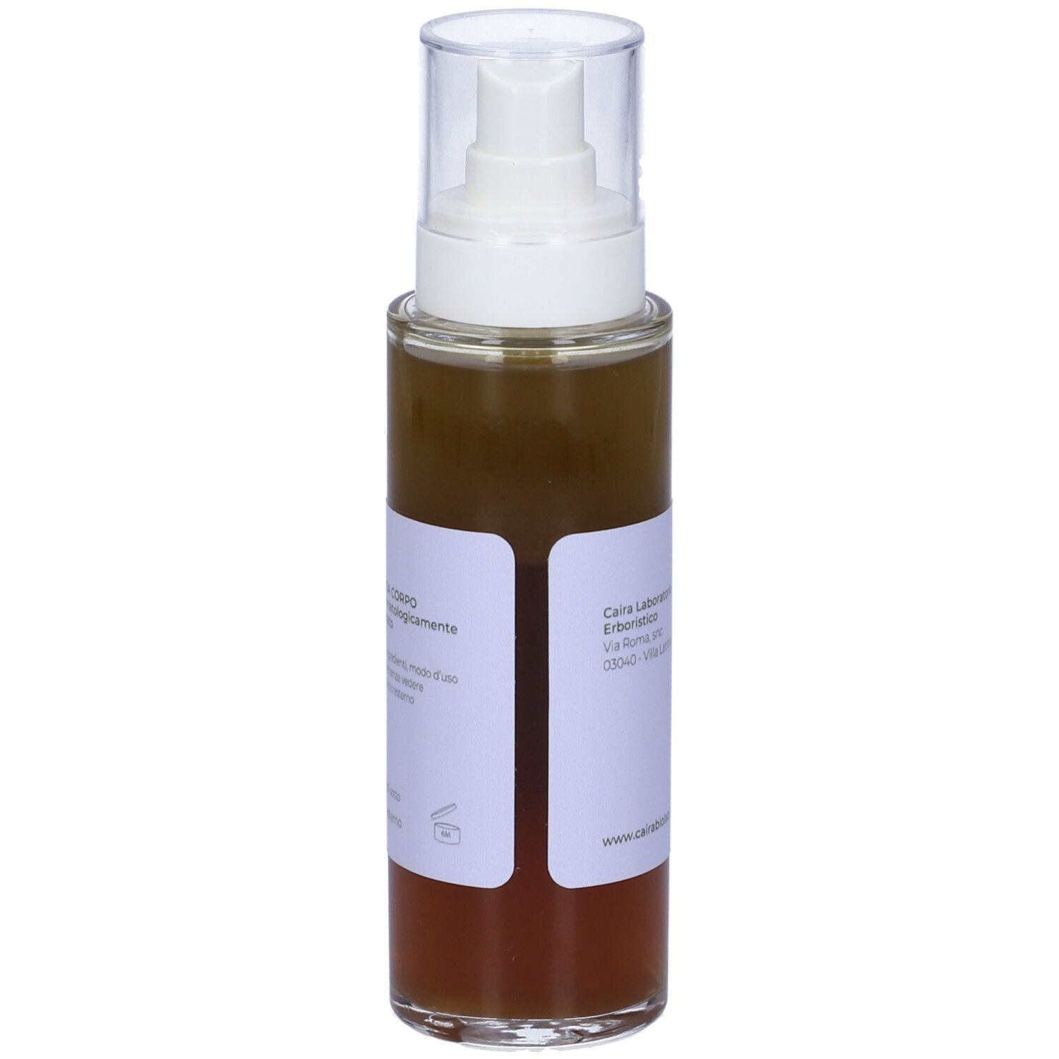 Liquido marrone in flacone spray. Etichetta con testo e indirizzo di Caira Laboratorio.