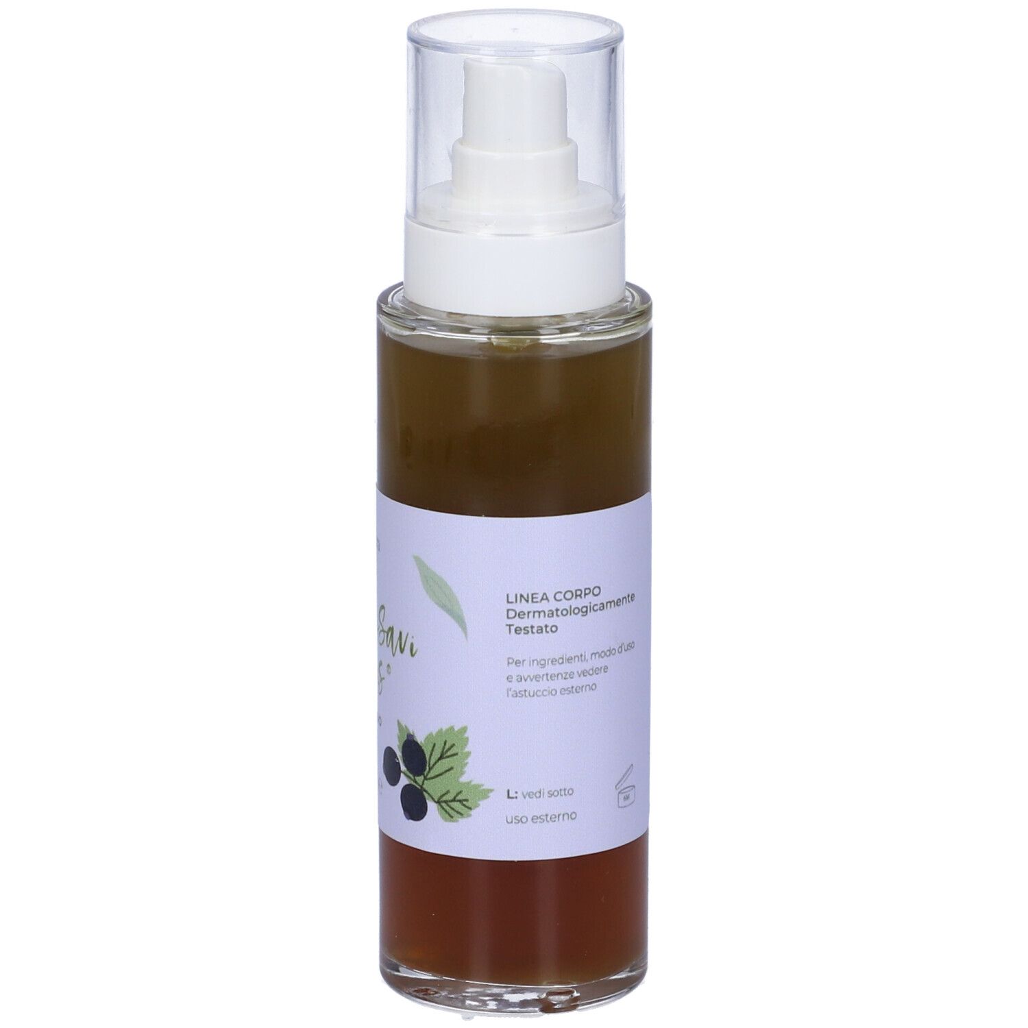 Liquido marrone in flacone spray. Etichetta con testo: Linea Corpo, dermatologicamente testato.