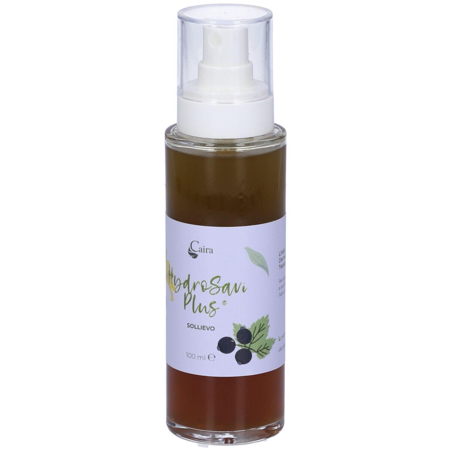 Liquido marrone in flacone spray. Etichetta con testo: HydroSavi Plus, Caira, 100ml.