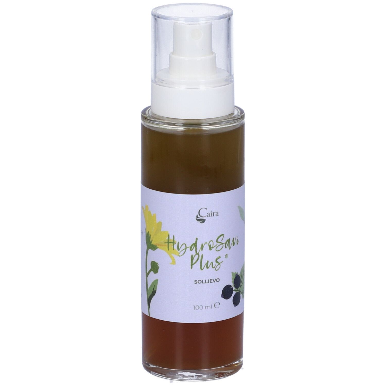 Liquido marrone in flacone spray. Etichetta con testo: HydroSavi Plus, Caira, 100ml.