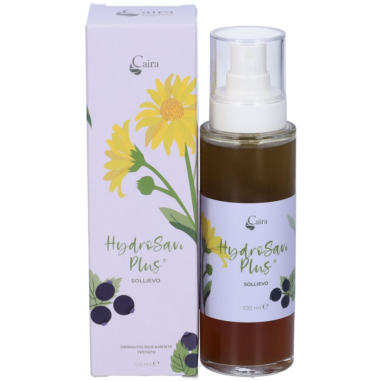 Prodotto e confezione. Flacone spray e scatola con testo: HydroSavi Plus, Caira, 100ml.