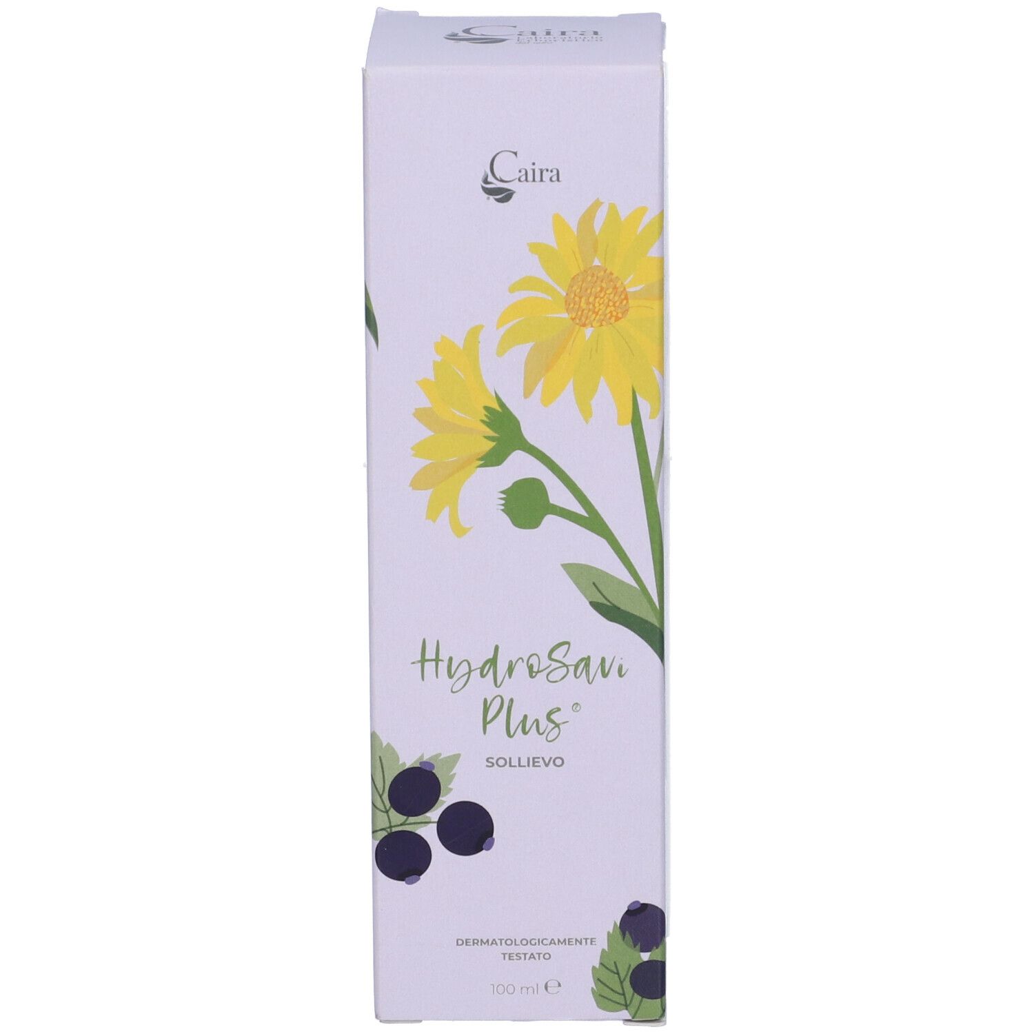 Scatola con testo: HydroSavi Plus, Caira, 100ml. Design con fiore giallo e bacche.