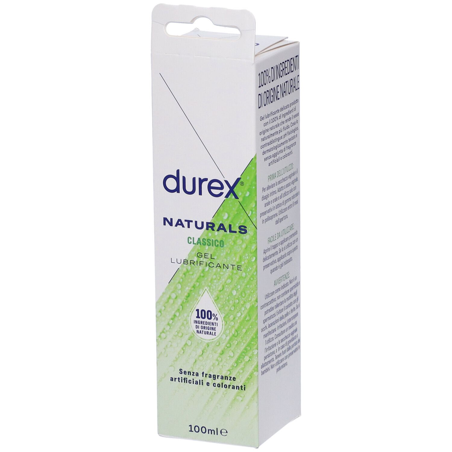 Confezione di gel Durex Naturals. Bianca con design verde. Scritte: Naturals, Gel, 100% ingredienti naturali. 100ml.