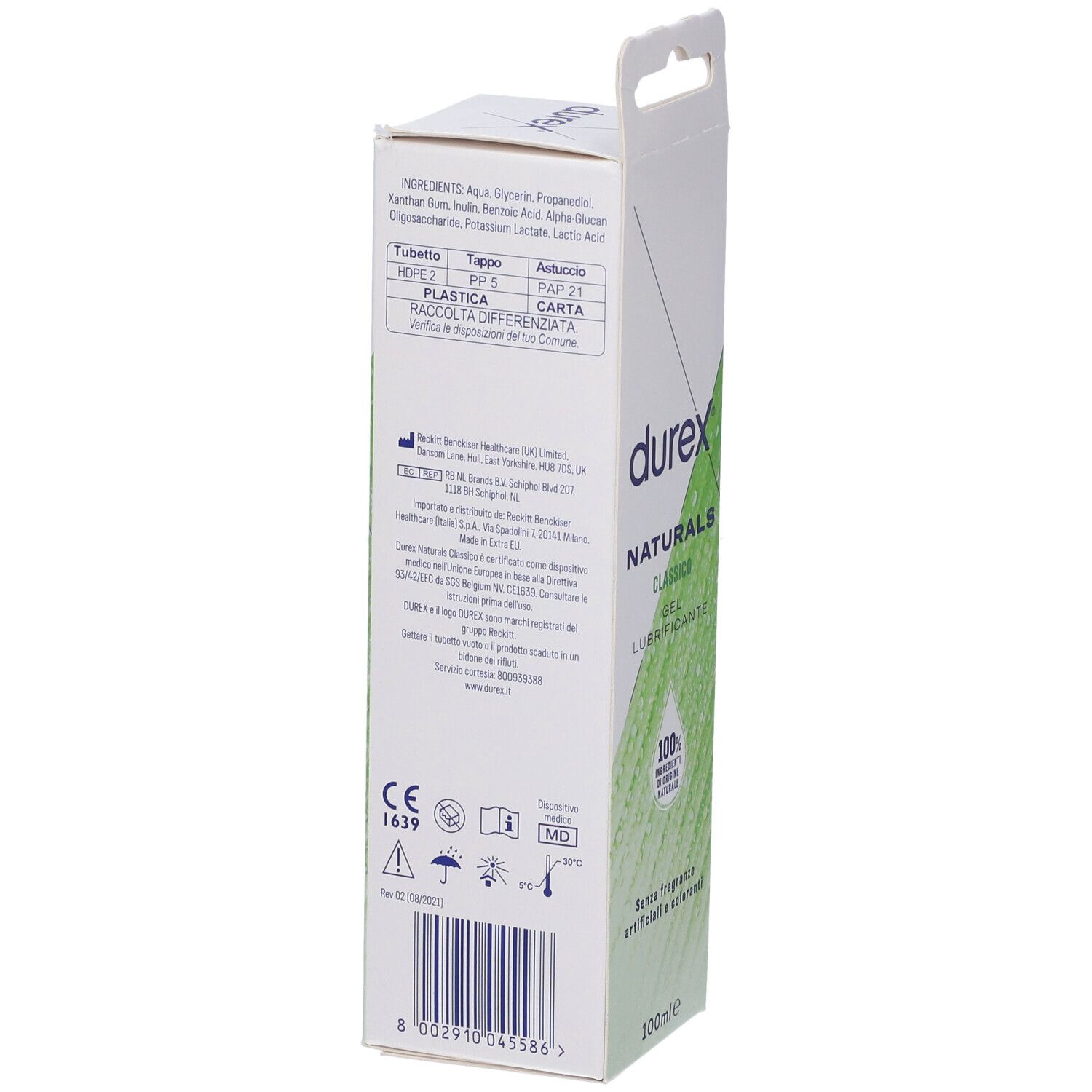 Retro confezione gel Durex Naturals. Testo: ingredienti, informazioni produttore, avvertenze, marchio CE.