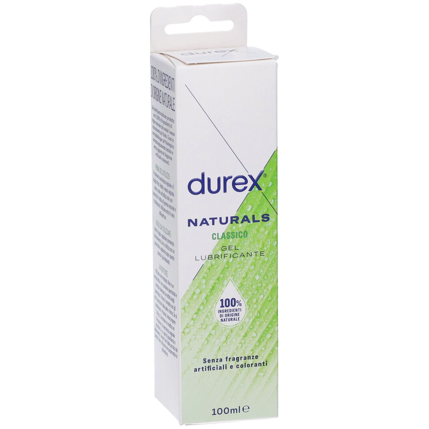 Confezione di gel Durex Naturals. Bianca con design verde. Scritte: Naturals, Gel, 100% ingredienti naturali. 100ml.