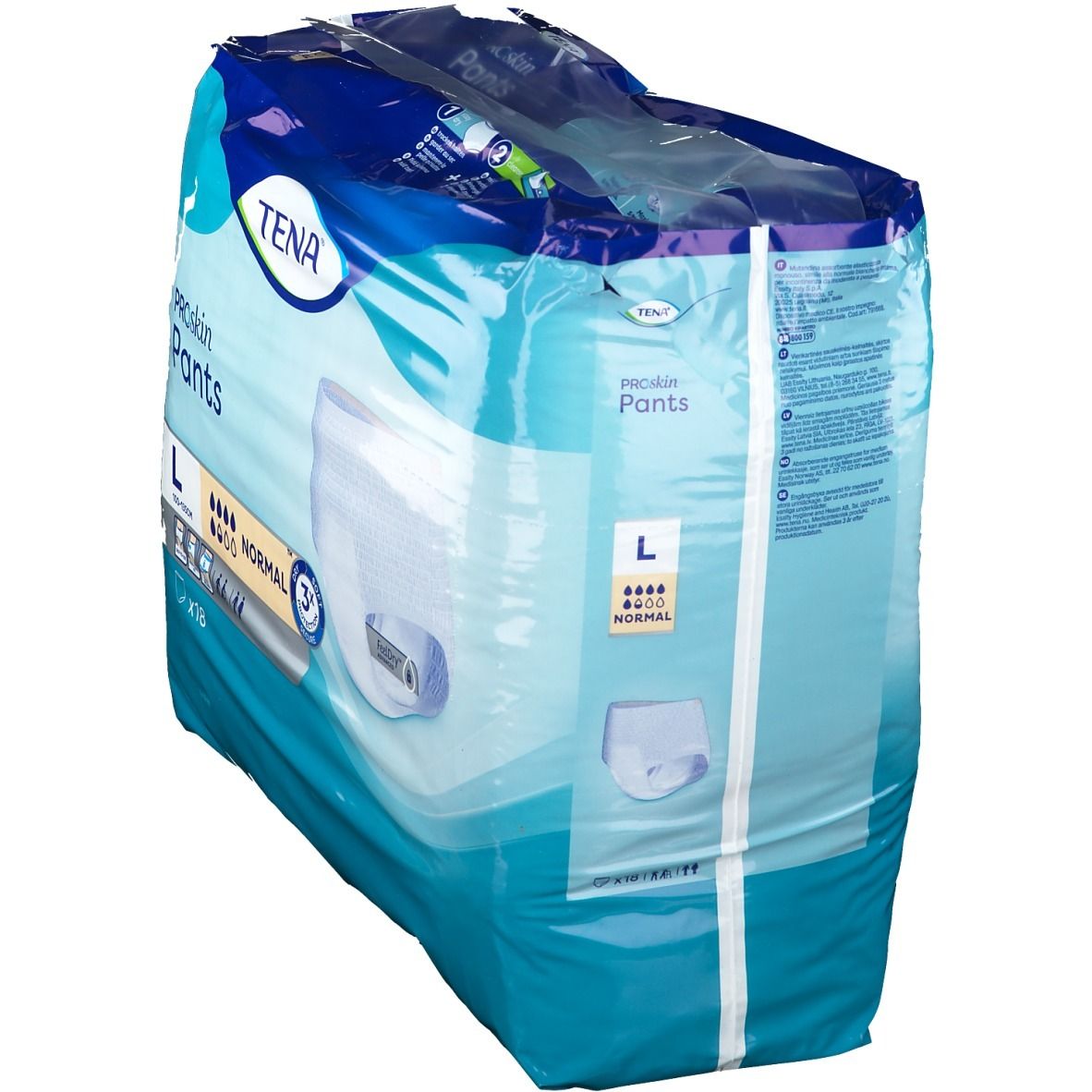 Confezione TENA ProSkin Pants Normal L. Confezione blu, vista laterale. Taglia L, immagine del prodotto. x18 pezzi.