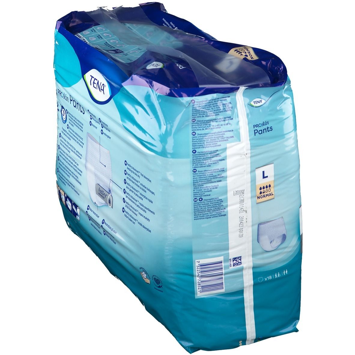 Confezione TENA ProSkin Pants Normal L. Confezione blu, vista laterale con informazioni sul prodotto. Taglia L. x18 pezzi.