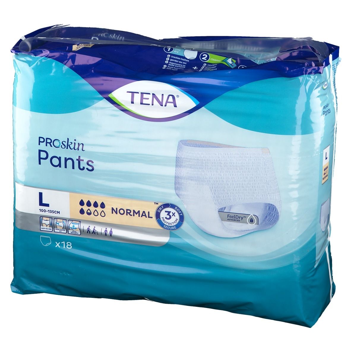 Confezione TENA ProSkin Pants Normal L. Confezione blu con immagine del prodotto. Taglia L, 100-135cm. x18 pezzi.
