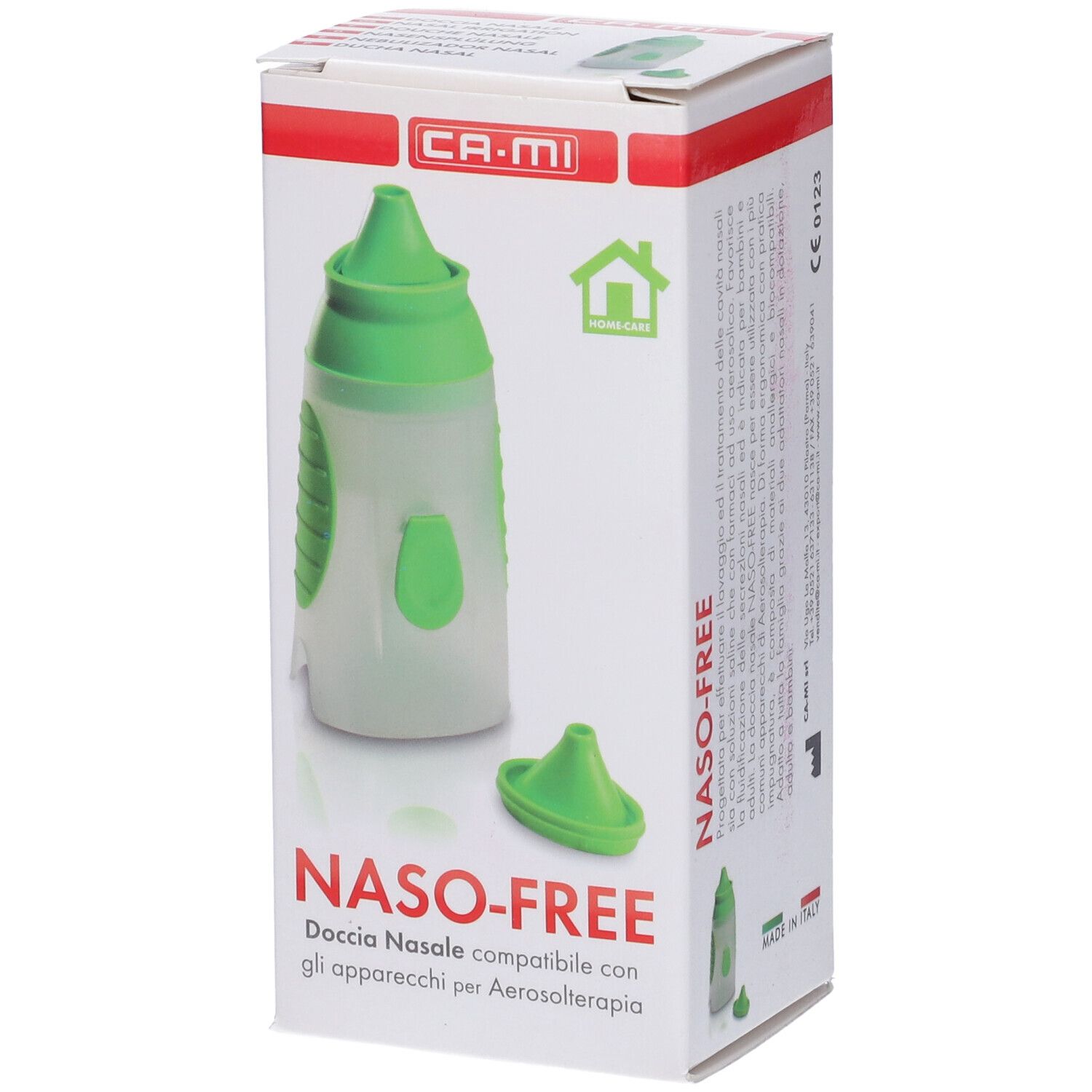 Confezione con doccia nasale. Nome prodotto: NASO-FREE. Marchio: CA-MI. Doccia nasale verde e beccuccio separato.