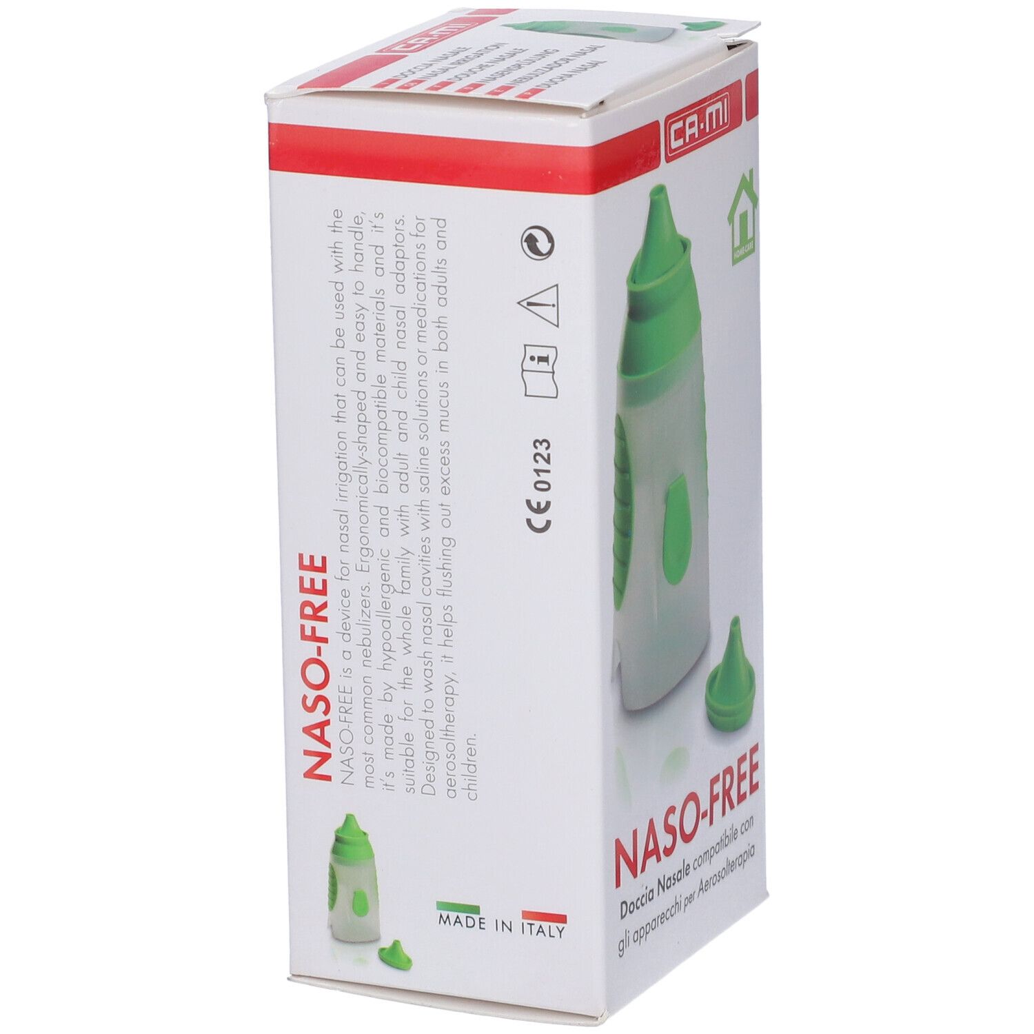 Vista laterale della confezione. Nome prodotto: NASO-FREE. Marchio: CA-MI. Doccia nasale verde e beccuccio separato.