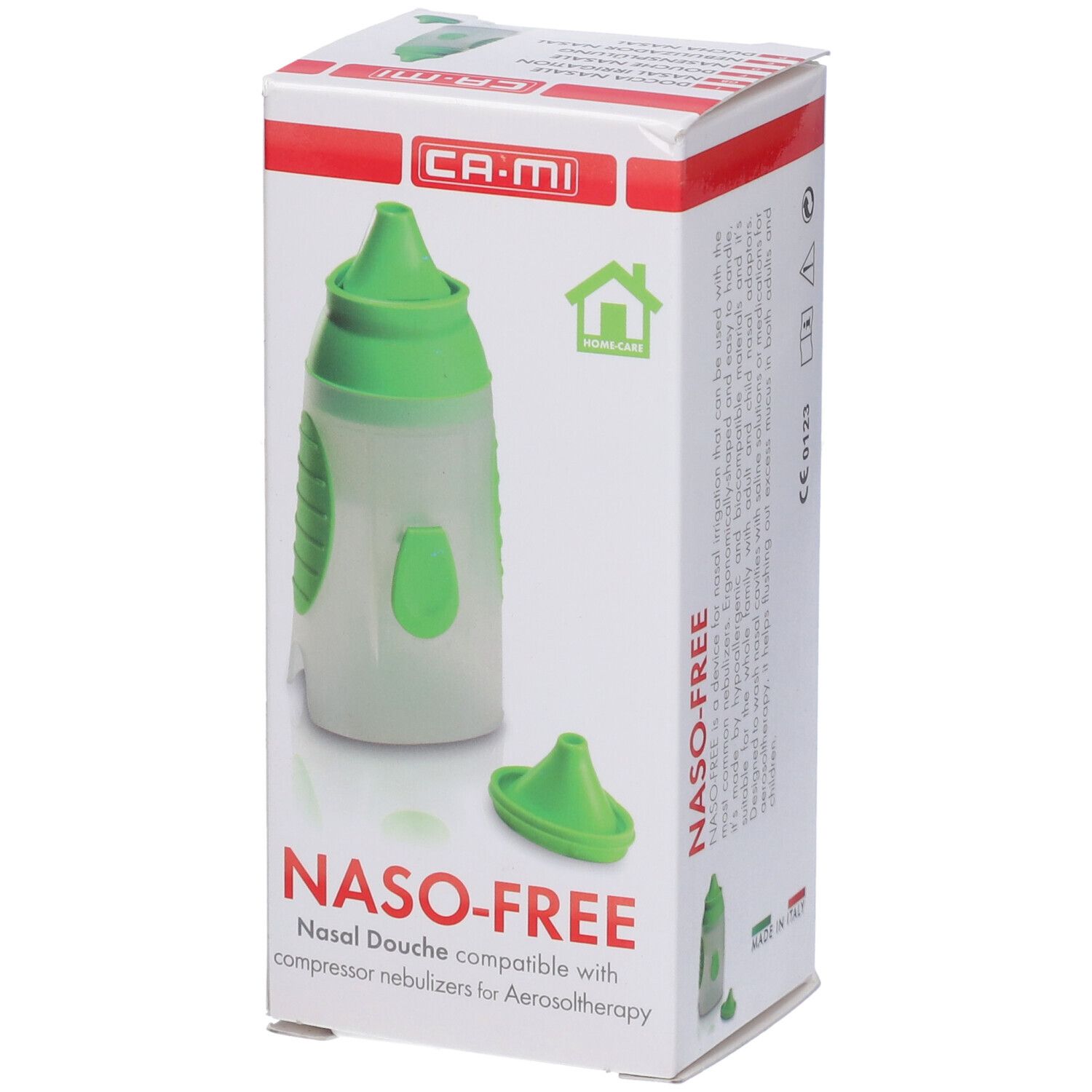 Confezione con doccia nasale. Nome prodotto: NASO-FREE. Marchio: CA-MI. Doccia nasale verde e beccuccio separato.