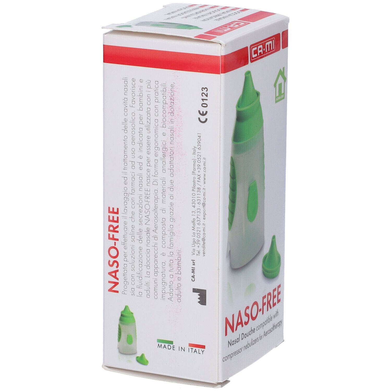 Vista laterale della confezione. Nome prodotto: NASO-FREE. Marchio: CA-MI. Doccia nasale verde e beccuccio separato.