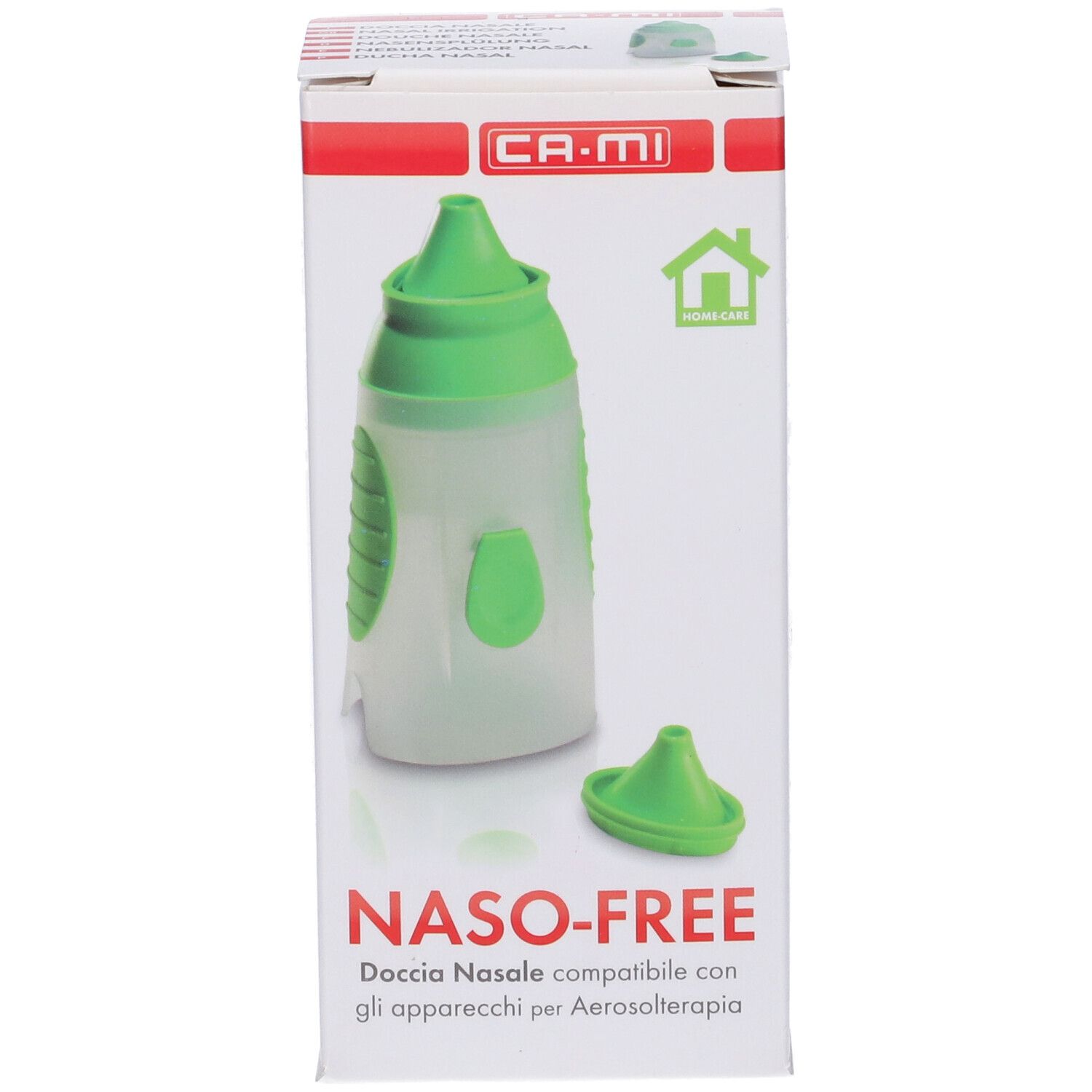 Confezione con doccia nasale. Nome prodotto: NASO-FREE. Marchio: CA-MI. Doccia nasale verde e beccuccio separato.