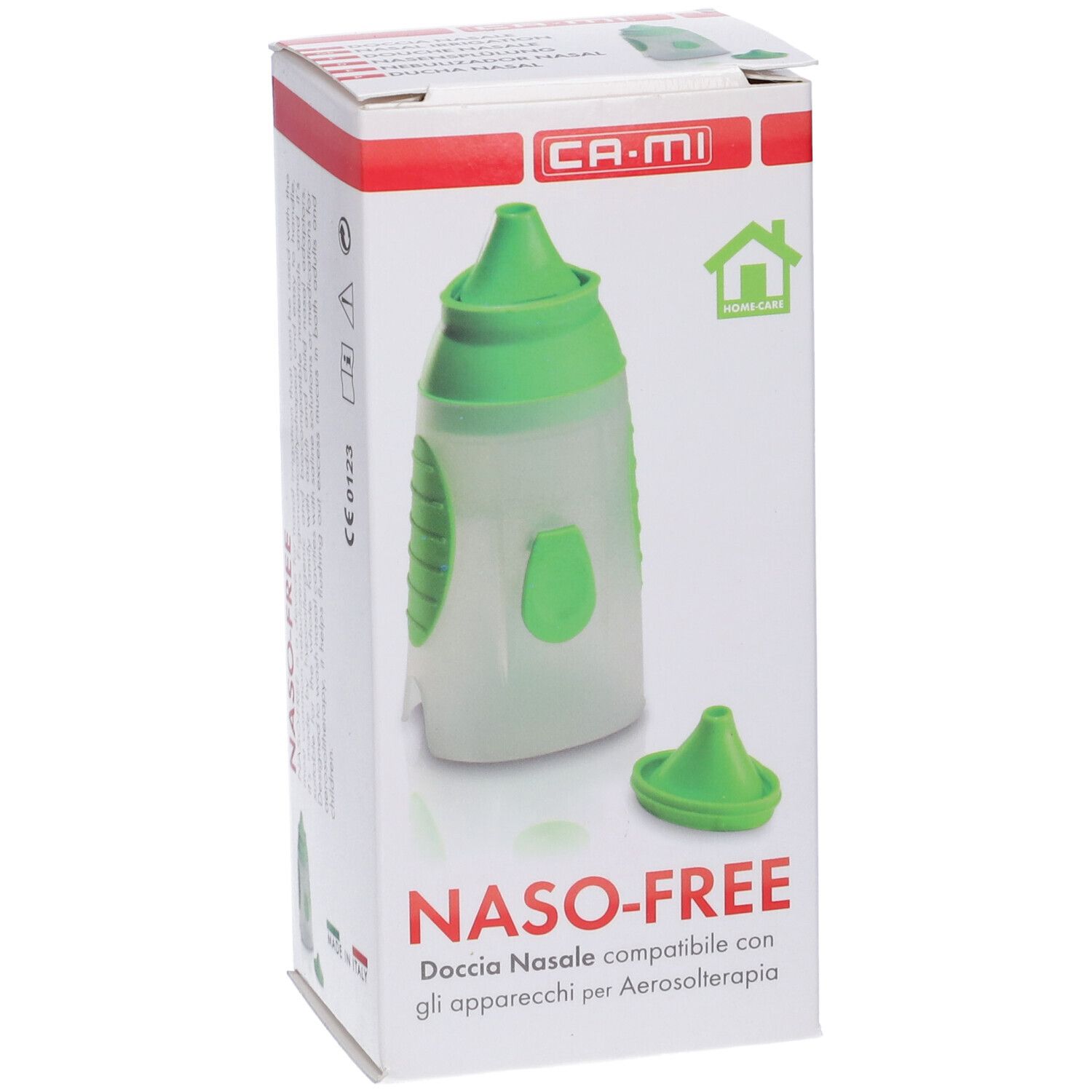 Confezione con doccia nasale. Nome prodotto: NASO-FREE. Marchio: CA-MI. Doccia nasale verde e beccuccio separato.