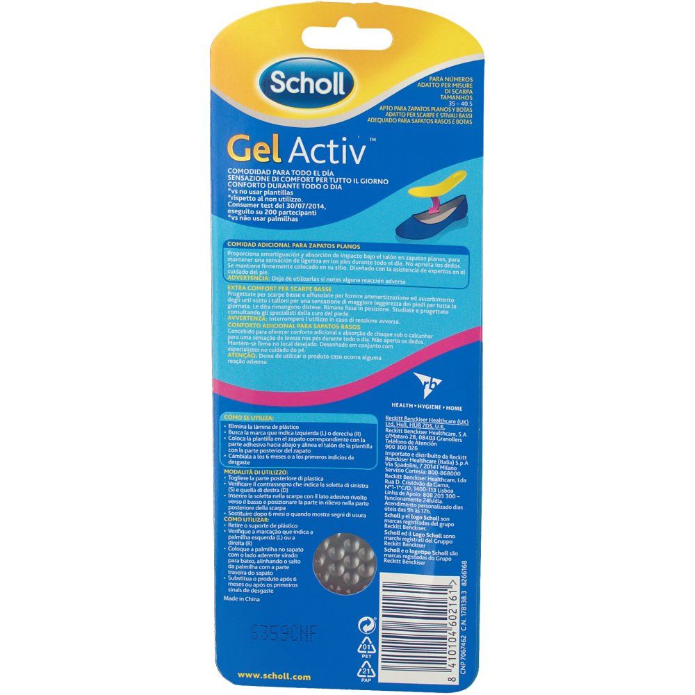 Retro della confezione delle solette Scholl Gel Activ. Informazioni testuali, immagine del prodotto, palline nere e codice a barre.
