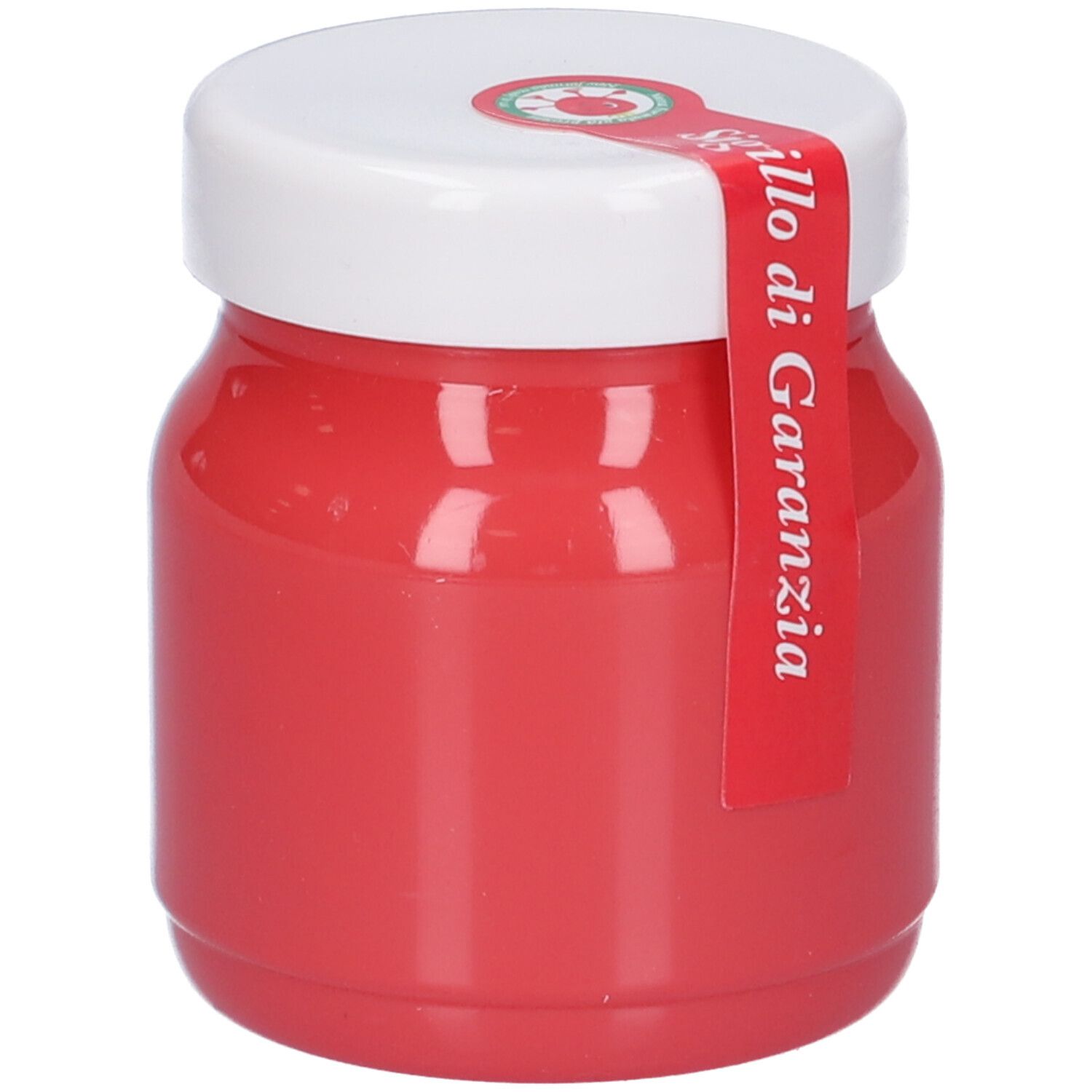 Vaso rosso con coperchio bianco. Sigillo rosso con testo. Il prodotto è di colore rosso.