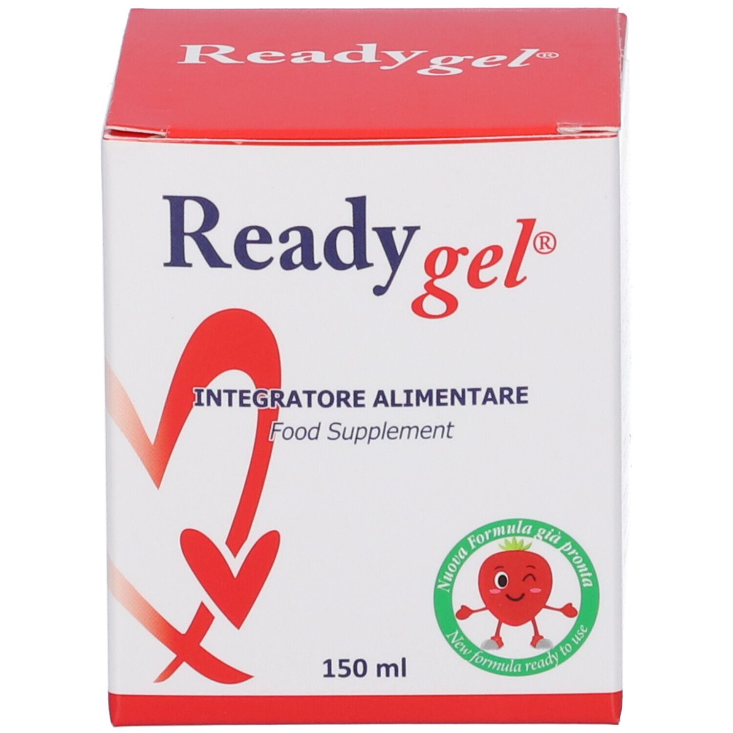 Scatola rossa con scritta bianca. Scritta "Readygel". Logo con cuore. Volume: 150 ml. Integratore alimentare.