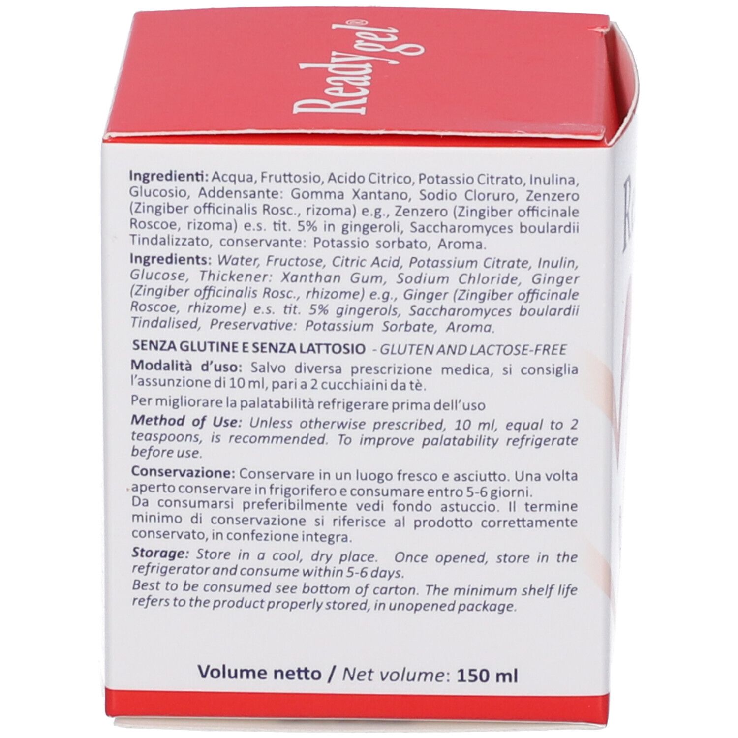 Retro della confezione del prodotto. Testo con ingredienti, istruzioni per l'uso e conservazione. Volume: 150 ml.