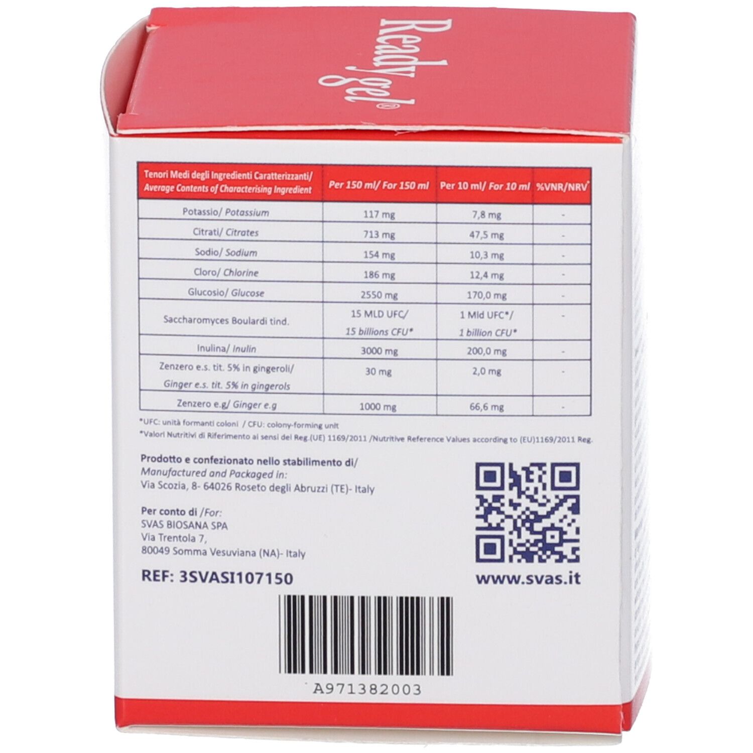 Retro della confezione del prodotto. Tabella con informazioni nutrizionali. Codice QR e contatti.