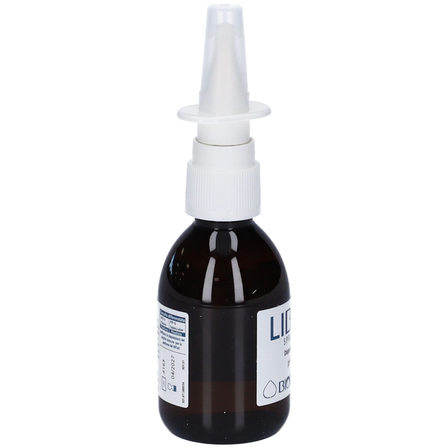 Flacone di vetro marrone con erogatore bianco. Scritta: LIBERA SPRAY NASALE, pH controllato, Dispositivo Medico CE.