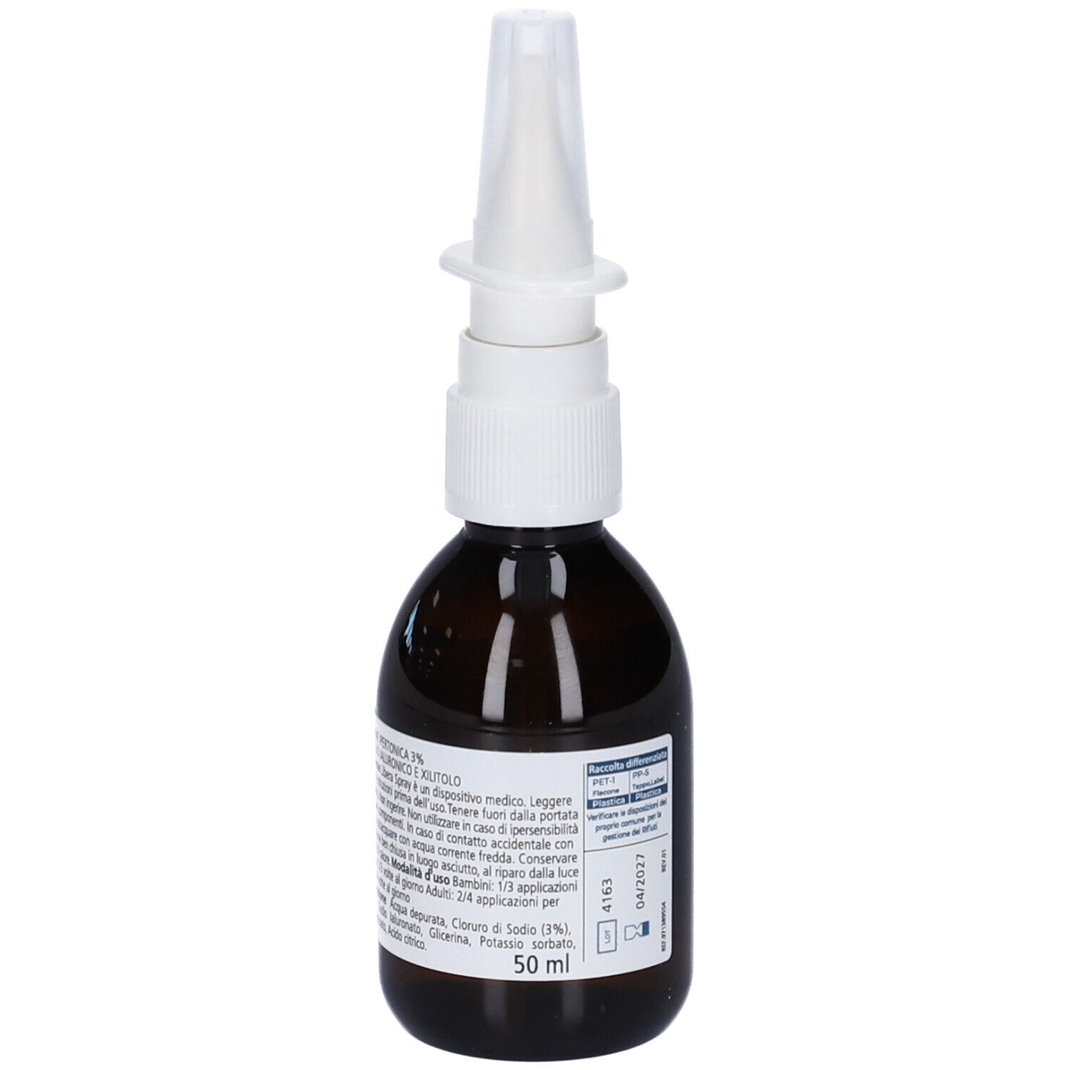 Flacone di vetro marrone con erogatore bianco. Scritta: LIBERA SPRAY NASALE, pH controllato, Dispositivo Medico CE, 50 ml.