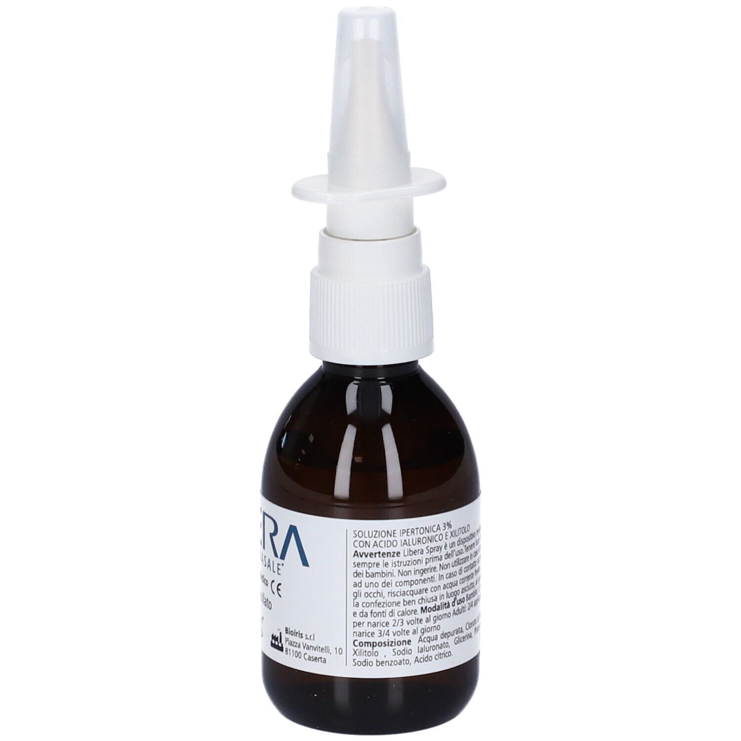 Flacone di vetro marrone con erogatore bianco. Scritta: LIBERA SPRAY NASALE, pH controllato, Dispositivo Medico CE.