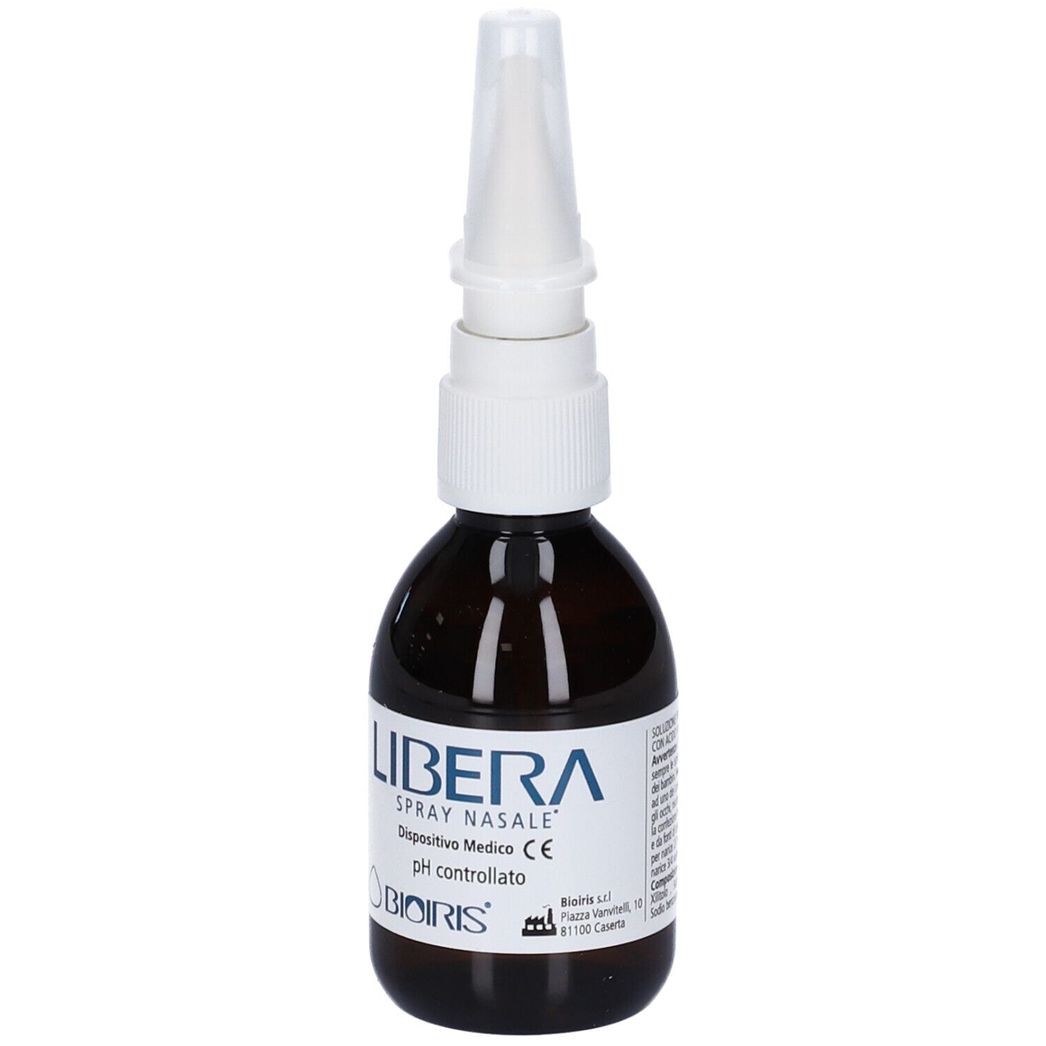Flacone di vetro marrone con erogatore bianco. Scritta: LIBERA SPRAY NASALE, pH controllato, Dispositivo Medico CE.