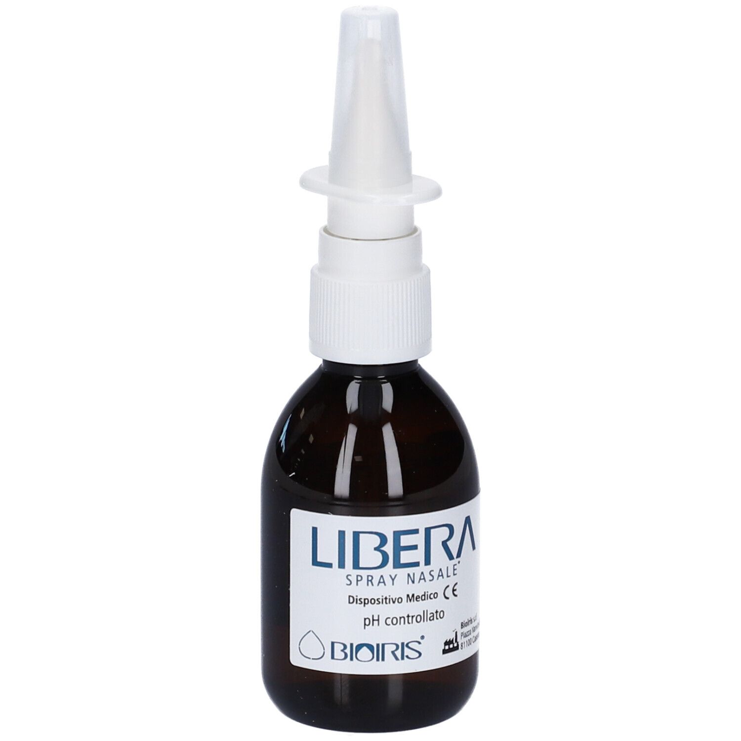Flacone di vetro marrone con erogatore bianco. Scritta: LIBERA SPRAY NASALE, pH controllato, Dispositivo Medico CE.