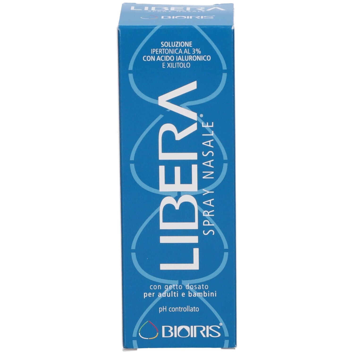 Confezione: scatola blu con scritta: LIBERA SPRAY NASALE.