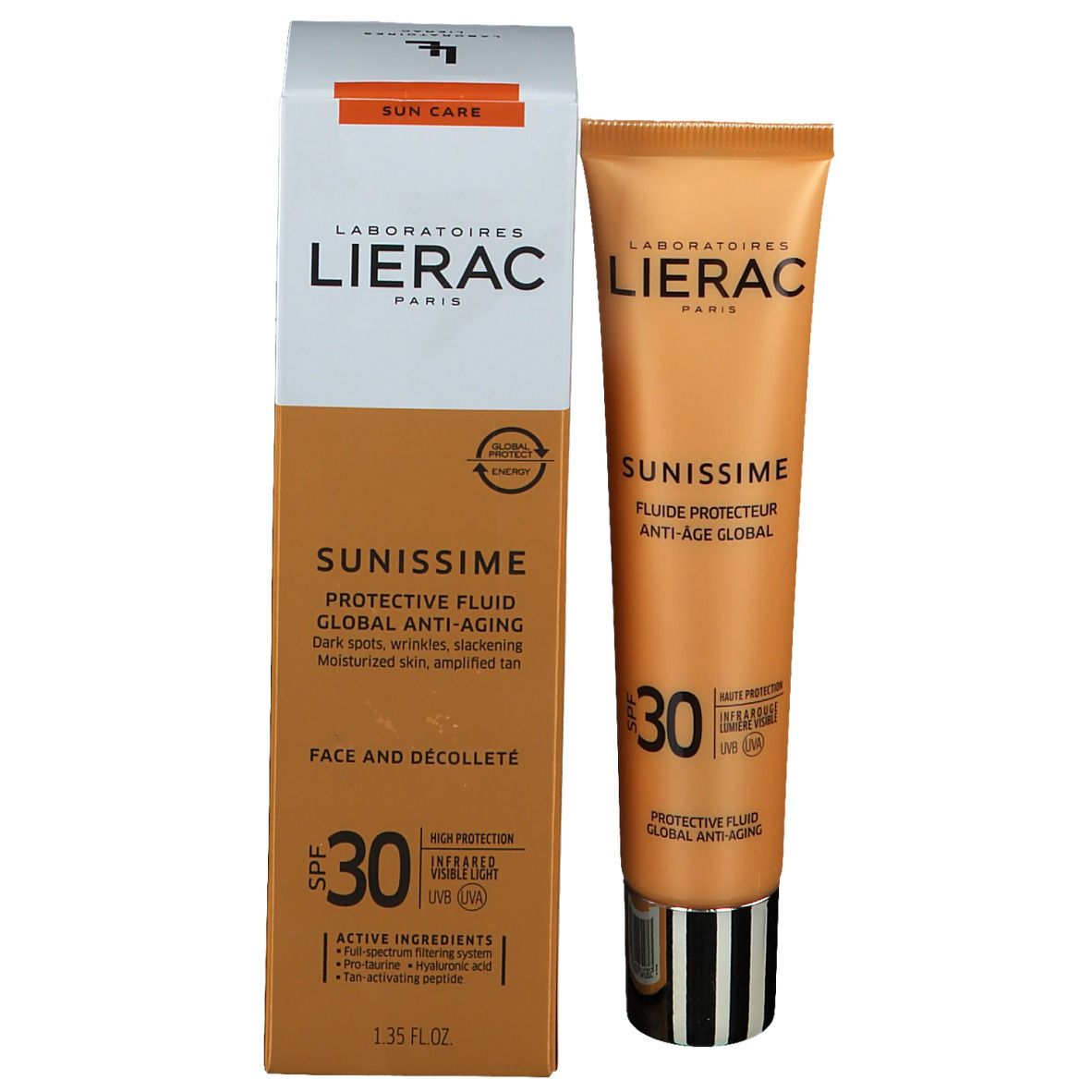 Confezione prodotto con tubo. Scritte: LIERAC, SUNISSIME, SPF 30. Beige e bianco.