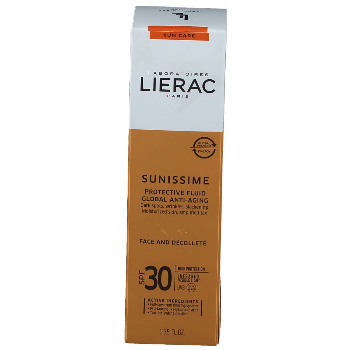 Confezione prodotto. Scritte: LIERAC, SUNISSIME, SPF 30. Beige e bianco.