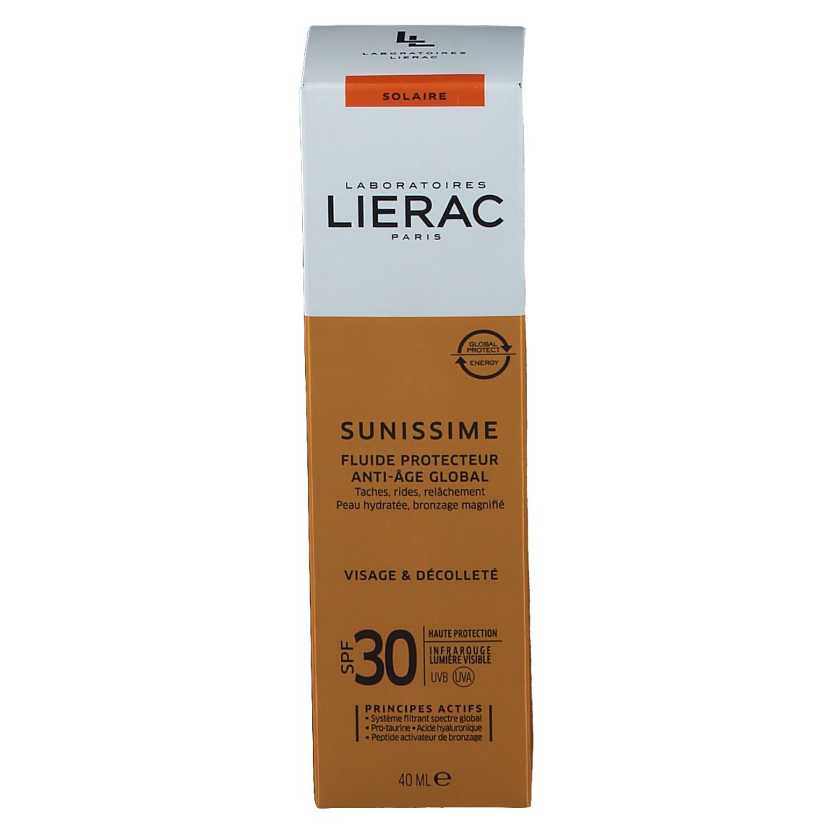 Confezione prodotto. Scritte: LIERAC, SUNISSIME, SPF 30. Beige e bianco.